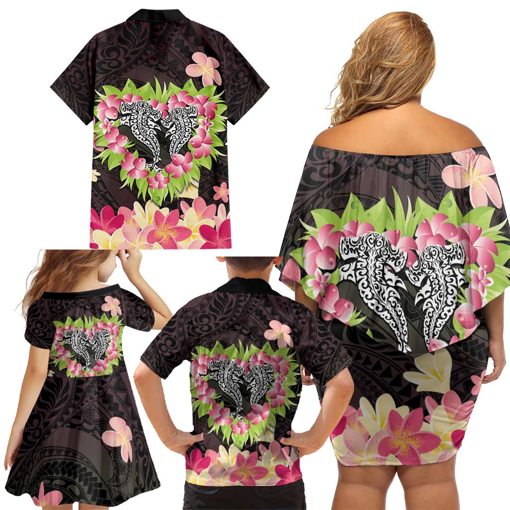 Polynesia Valentine's Day Family Matching Off Shoulder Short Dress and Hawaiian Shirt Hammerhead Shark Plumeria With Polynesian Pattern LT14 - Polynesian Pride