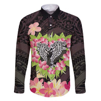 Polynesia Valentine's Day Family Matching Off Shoulder Short Dress and Hawaiian Shirt Hammerhead Shark Plumeria With Polynesian Pattern LT14 Dad's Shirt - Long Sleeve Black - Polynesian Pride