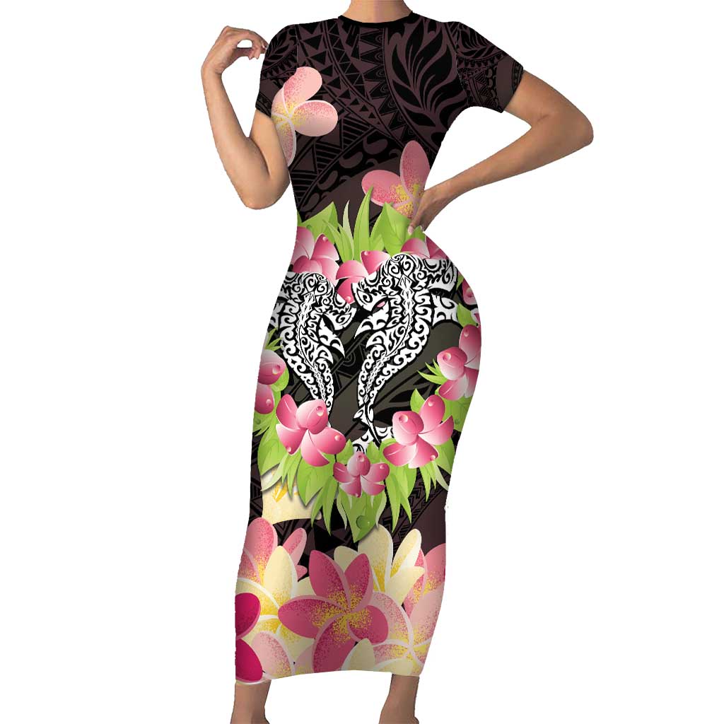 Polynesia Valentine's Day Family Matching Short Sleeve Bodycon Dress and Hawaiian Shirt Hammerhead Shark Plumeria With Polynesian Pattern LT14 Mom's Dress Black - Polynesian Pride