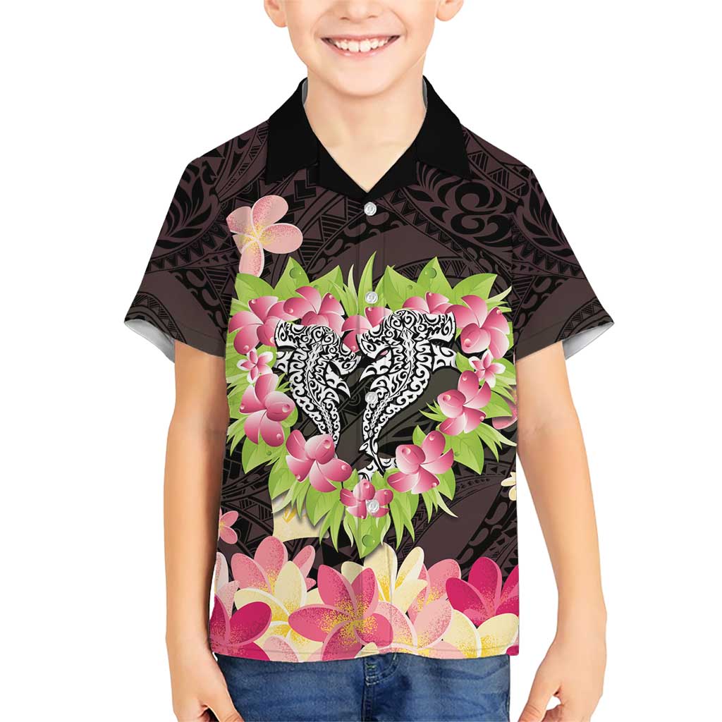 Polynesia Valentine's Day Family Matching Short Sleeve Bodycon Dress and Hawaiian Shirt Hammerhead Shark Plumeria With Polynesian Pattern LT14 Son's Shirt Black - Polynesian Pride