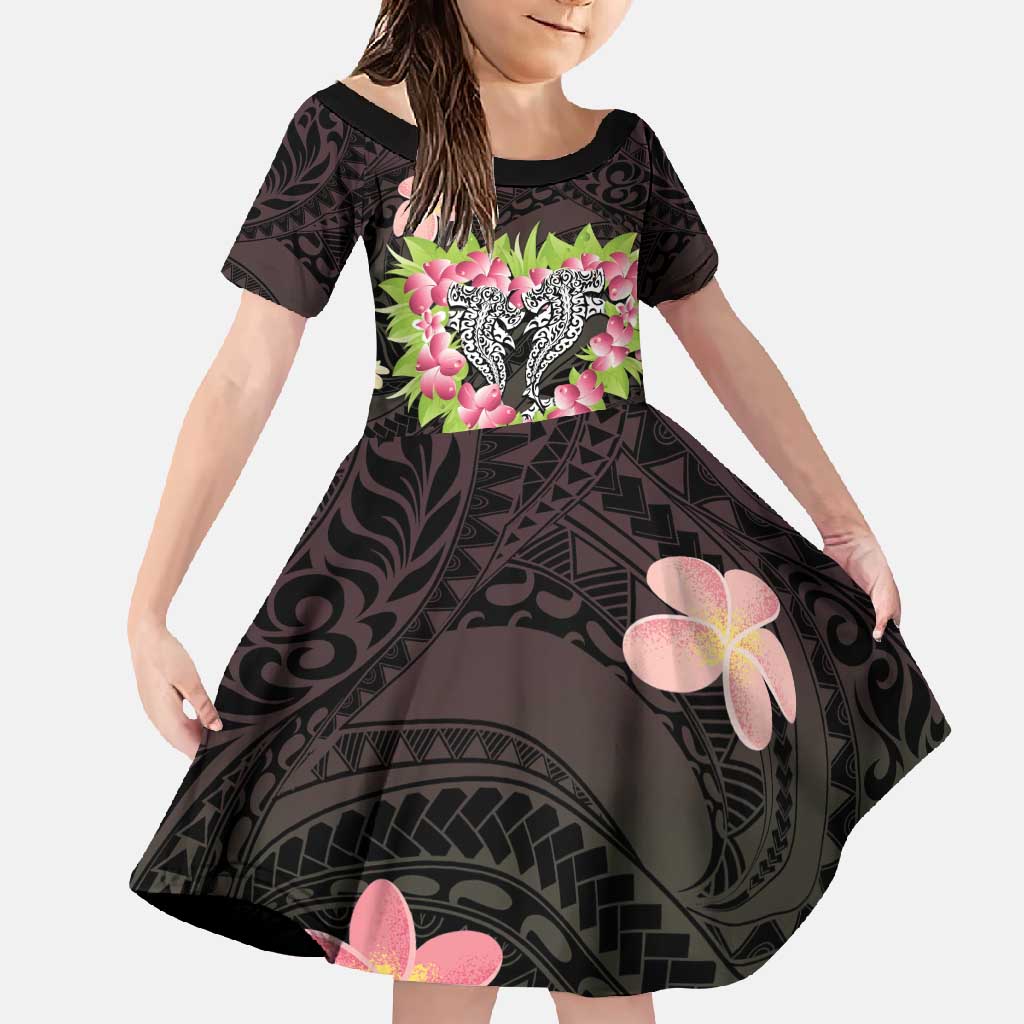 Polynesia Valentine's Day Family Matching Summer Maxi Dress and Hawaiian Shirt Hammerhead Shark Plumeria With Polynesian Pattern LT14 Daughter's Dress Black - Polynesian Pride