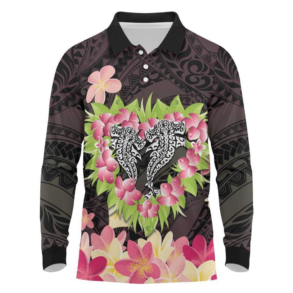 Polynesia Valentine's Day Long Sleeve Polo Shirt Hammerhead Shark Plumeria With Polynesian Pattern LT14 Black - Polynesian Pride