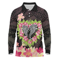 Polynesia Valentine's Day Long Sleeve Polo Shirt Hammerhead Shark Plumeria With Polynesian Pattern LT14 Black - Polynesian Pride