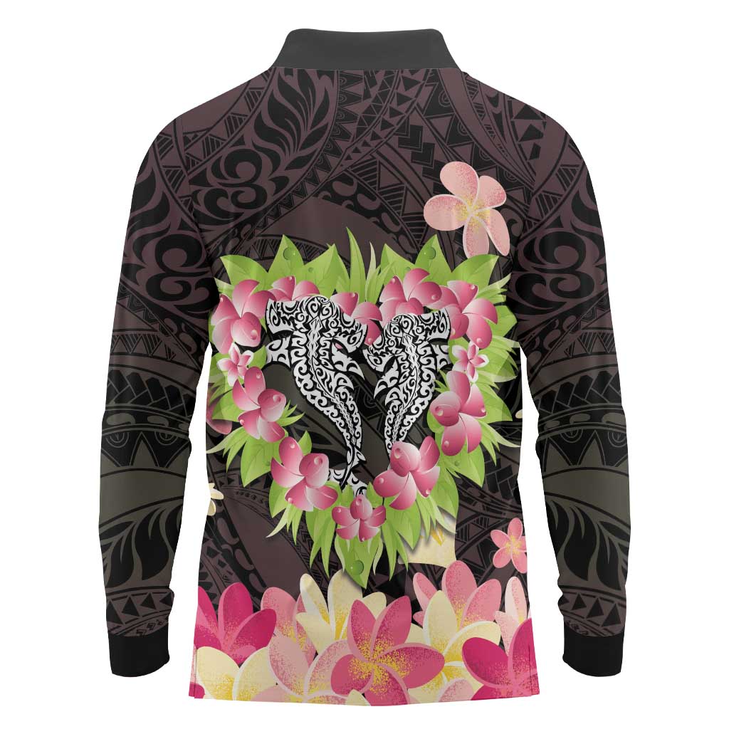 Polynesia Valentine's Day Long Sleeve Polo Shirt Hammerhead Shark Plumeria With Polynesian Pattern LT14 - Polynesian Pride