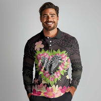 Polynesia Valentine's Day Long Sleeve Polo Shirt Hammerhead Shark Plumeria With Polynesian Pattern LT14 - Polynesian Pride