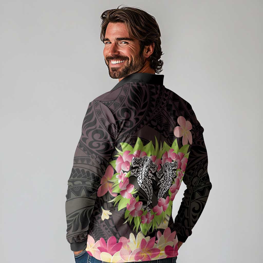 Polynesia Valentine's Day Long Sleeve Polo Shirt Hammerhead Shark Plumeria With Polynesian Pattern LT14 - Polynesian Pride