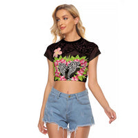 Polynesia Valentine's Day Raglan Cropped T Shirt Hammerhead Shark Plumeria With Polynesian Pattern LT14 Female Black - Polynesian Pride