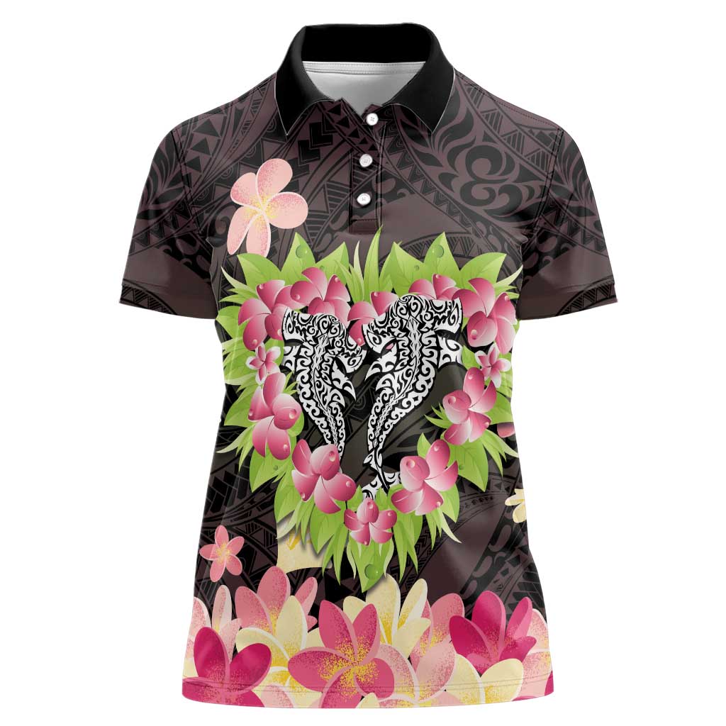 Polynesia Valentine's Day Women Polo Shirt Hammerhead Shark Plumeria With Polynesian Pattern