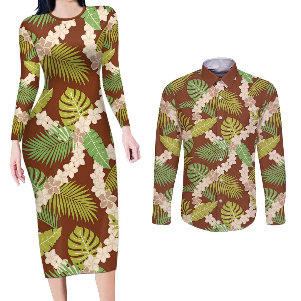Brown Hawaii Plumeria Lei With Tropical Leaves Couples Matching Long Sleeve Bodycon Dress and Long Sleeve Button Shirt LT14 Brown - Polynesian Pride