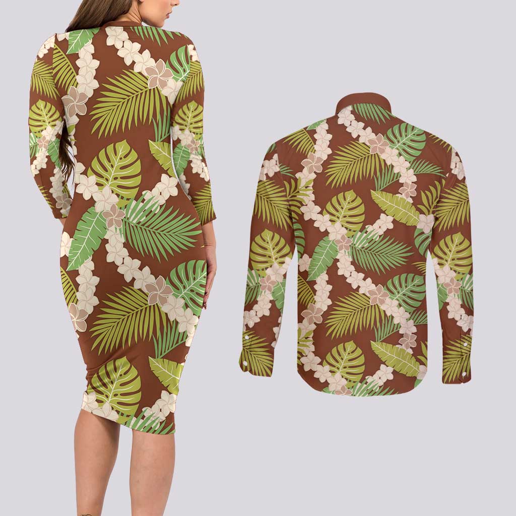 Brown Hawaii Plumeria Lei With Tropical Leaves Couples Matching Long Sleeve Bodycon Dress and Long Sleeve Button Shirt LT14 - Polynesian Pride