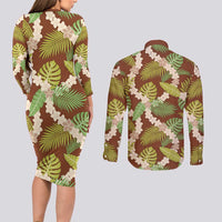 Brown Hawaii Plumeria Lei With Tropical Leaves Couples Matching Long Sleeve Bodycon Dress and Long Sleeve Button Shirt LT14 - Polynesian Pride