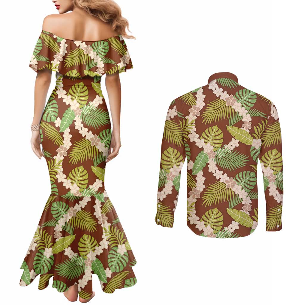 Brown Hawaii Plumeria Lei With Tropical Leaves Couples Matching Mermaid Dress and Long Sleeve Button Shirt LT14 - Polynesian Pride