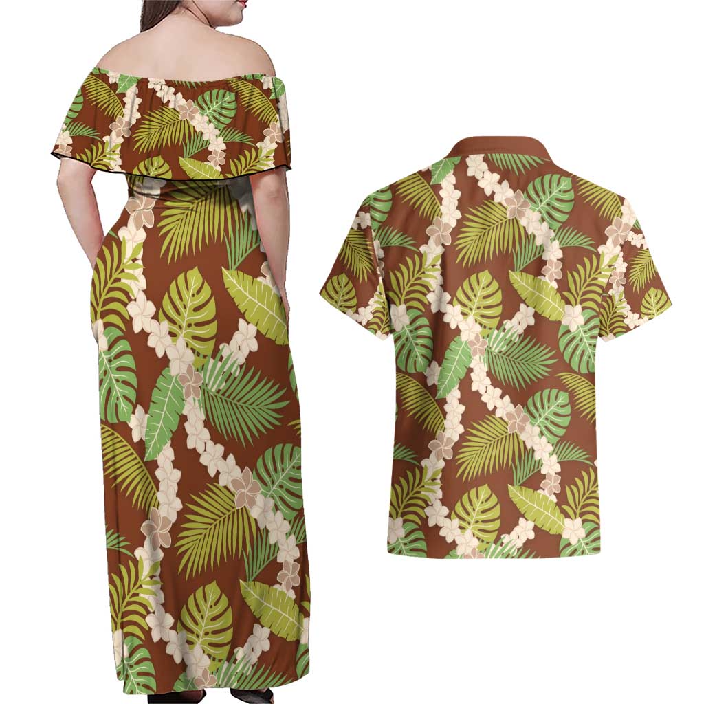 Brown Hawaii Plumeria Lei With Tropical Leaves Couples Matching Off Shoulder Maxi Dress and Hawaiian Shirt LT14 - Polynesian Pride