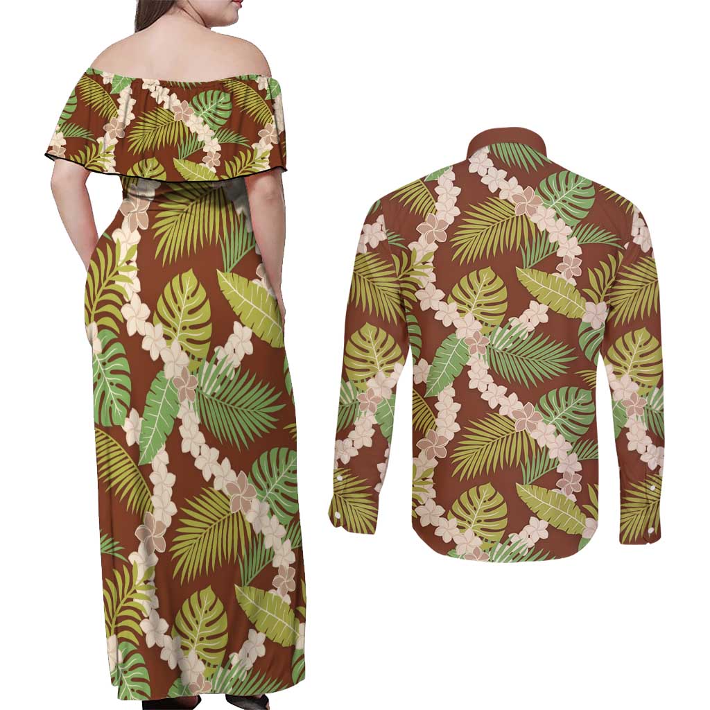 Brown Hawaii Plumeria Lei With Tropical Leaves Couples Matching Off Shoulder Maxi Dress and Long Sleeve Button Shirt LT14 - Polynesian Pride