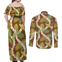 Brown Hawaii Plumeria Lei With Tropical Leaves Couples Matching Off Shoulder Maxi Dress and Long Sleeve Button Shirt LT14 - Polynesian Pride