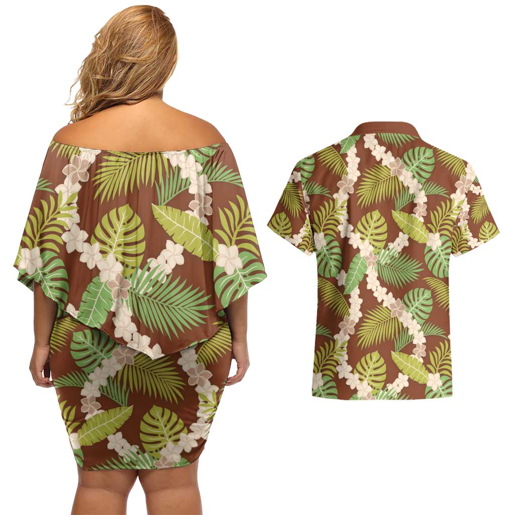 Brown Hawaii Plumeria Lei With Tropical Leaves Couples Matching Off Shoulder Short Dress and Hawaiian Shirt LT14 - Polynesian Pride