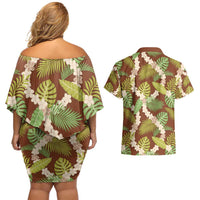 Brown Hawaii Plumeria Lei With Tropical Leaves Couples Matching Off Shoulder Short Dress and Hawaiian Shirt LT14 - Polynesian Pride