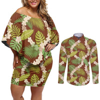 Brown Hawaii Plumeria Lei With Tropical Leaves Couples Matching Off Shoulder Short Dress and Long Sleeve Button Shirt LT14 Brown - Polynesian Pride