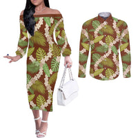 Brown Hawaii Plumeria Lei With Tropical Leaves Couples Matching Off The Shoulder Long Sleeve Dress and Long Sleeve Button Shirt LT14 Brown - Polynesian Pride
