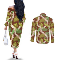 Brown Hawaii Plumeria Lei With Tropical Leaves Couples Matching Off The Shoulder Long Sleeve Dress and Long Sleeve Button Shirt LT14 - Polynesian Pride