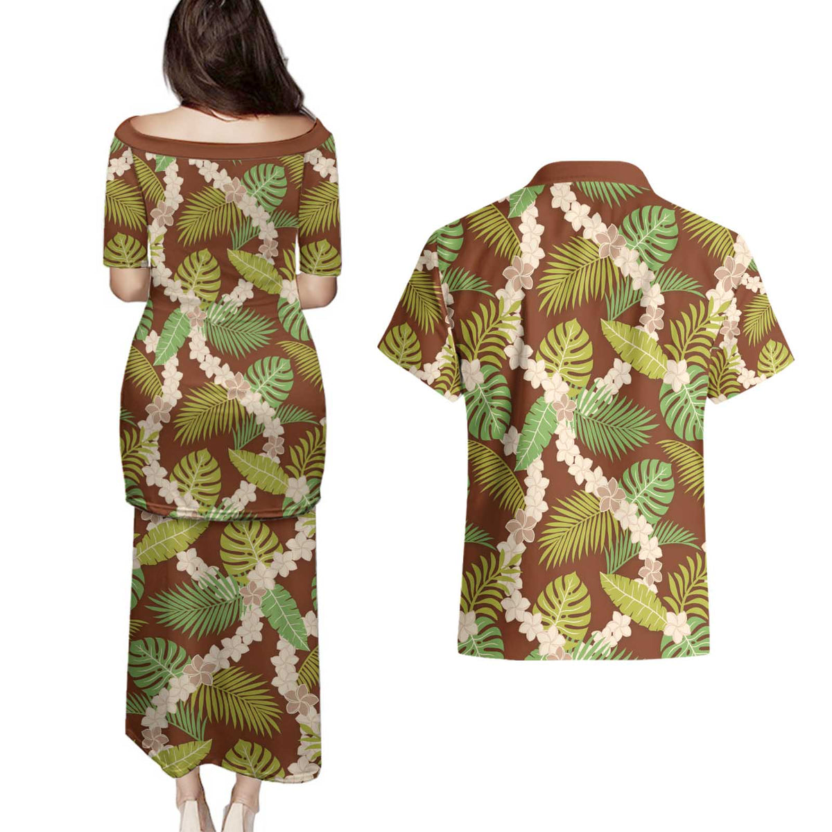 Brown Hawaii Plumeria Lei With Tropical Leaves Couples Matching Puletasi and Hawaiian Shirt LT14 - Polynesian Pride
