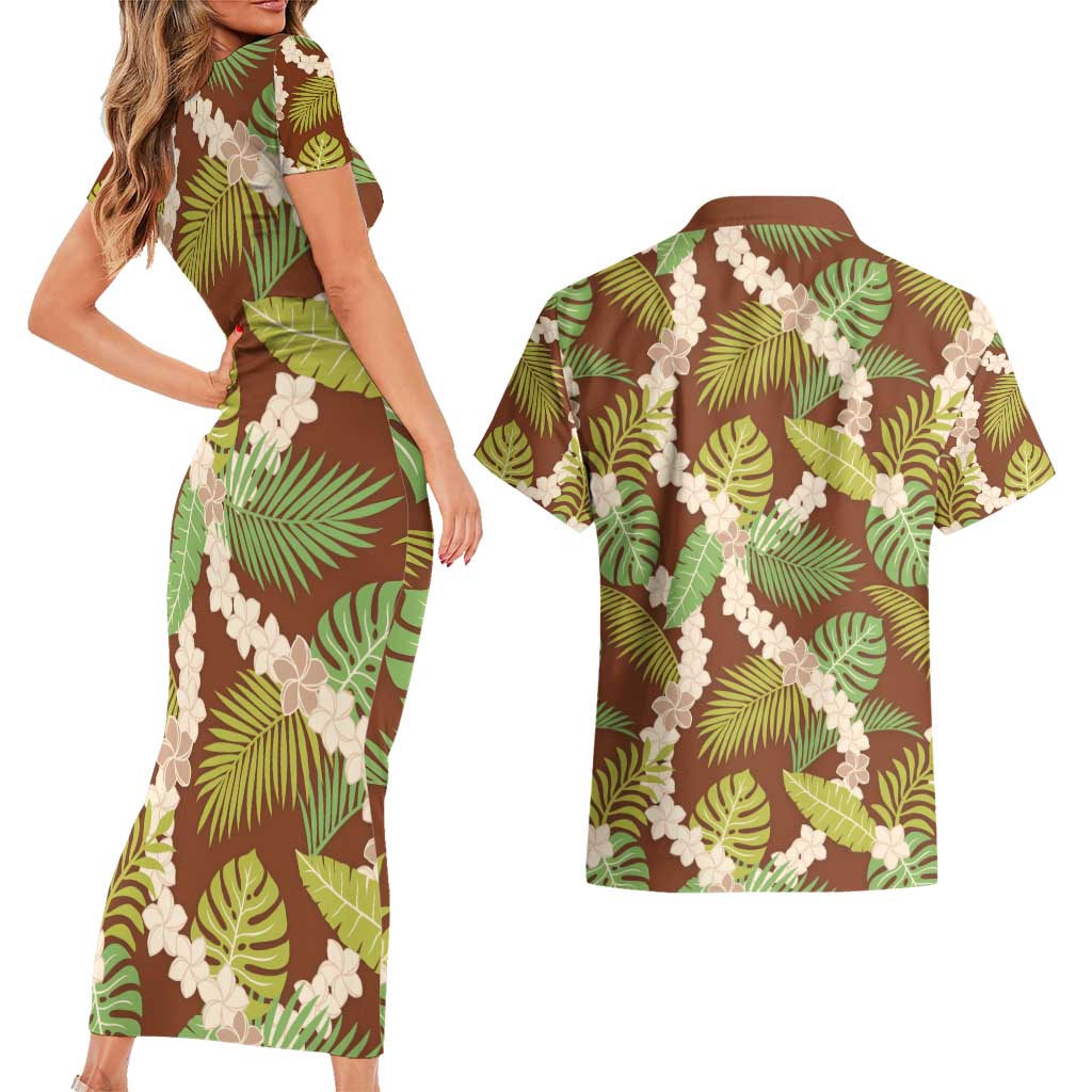 Brown Hawaii Plumeria Lei With Tropical Leaves Couples Matching Short Sleeve Bodycon Dress and Hawaiian Shirt LT14 - Polynesian Pride