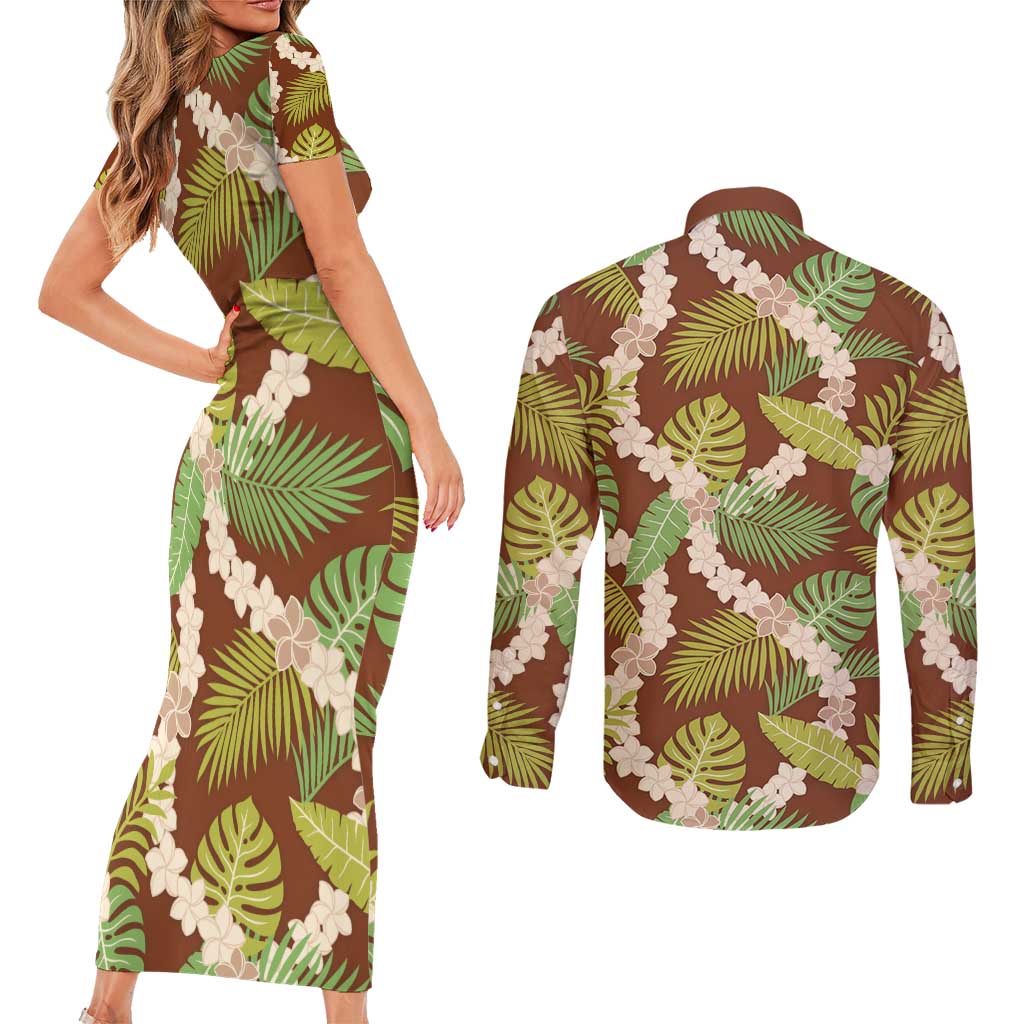 Brown Hawaii Plumeria Lei With Tropical Leaves Couples Matching Short Sleeve Bodycon Dress and Long Sleeve Button Shirt LT14 - Polynesian Pride