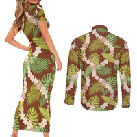 Brown Hawaii Plumeria Lei With Tropical Leaves Couples Matching Short Sleeve Bodycon Dress and Long Sleeve Button Shirt LT14 - Polynesian Pride