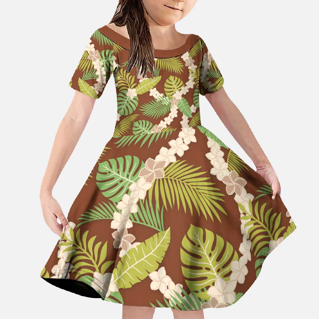 Brown Hawaii Plumeria Lei With Tropical Leaves Family Matching Long Sleeve Bodycon Dress and Hawaiian Shirt LT14 Daughter's Dress Brown - Polynesian Pride