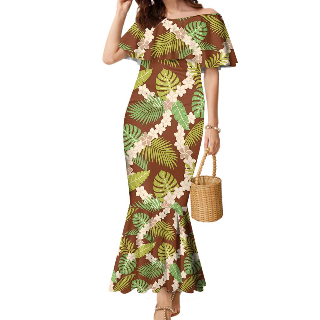 Brown Hawaii Plumeria Lei With Tropical Leaves Family Matching Mermaid Dress and Hawaiian Shirt LT14 Mom's Dress Brown - Polynesian Pride