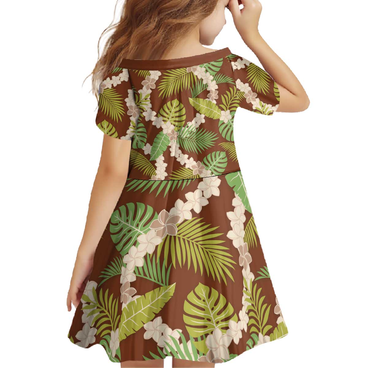 Brown Hawaii Plumeria Lei With Tropical Leaves Family Matching Off The Shoulder Long Sleeve Dress and Hawaiian Shirt LT14 - Polynesian Pride