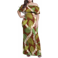 Brown Hawaii Plumeria Lei With Tropical Leaves Family Matching Off Shoulder Maxi Dress and Hawaiian Shirt LT14 Mom's Dress Brown - Polynesian Pride