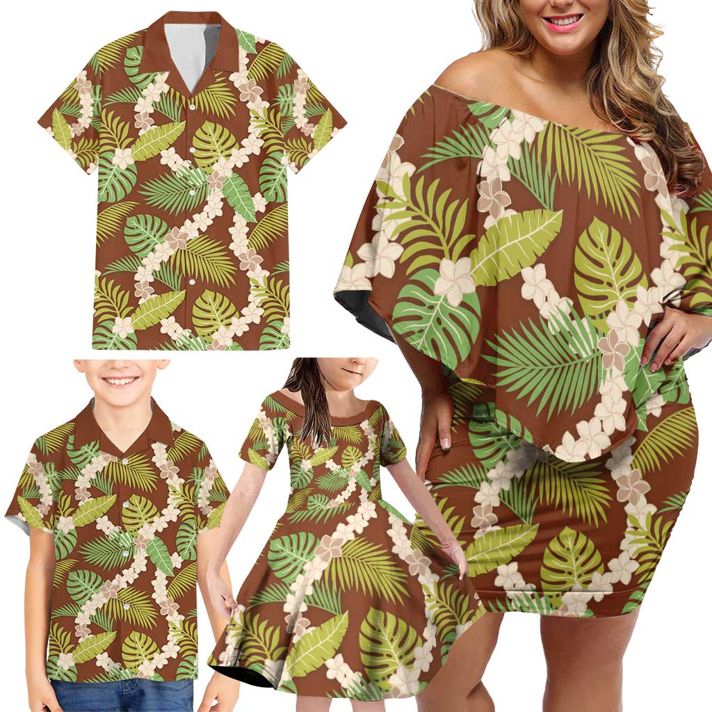 Brown Hawaii Plumeria Lei With Tropical Leaves Family Matching Off Shoulder Short Dress and Hawaiian Shirt LT14 - Polynesian Pride