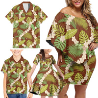 Brown Hawaii Plumeria Lei With Tropical Leaves Family Matching Off Shoulder Short Dress and Hawaiian Shirt LT14 - Polynesian Pride