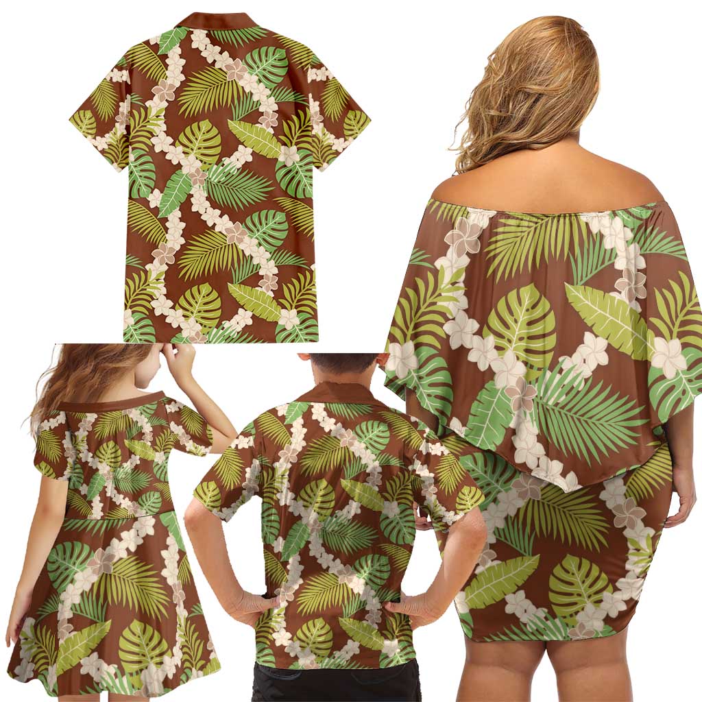 Brown Hawaii Plumeria Lei With Tropical Leaves Family Matching Off Shoulder Short Dress and Hawaiian Shirt LT14 - Polynesian Pride
