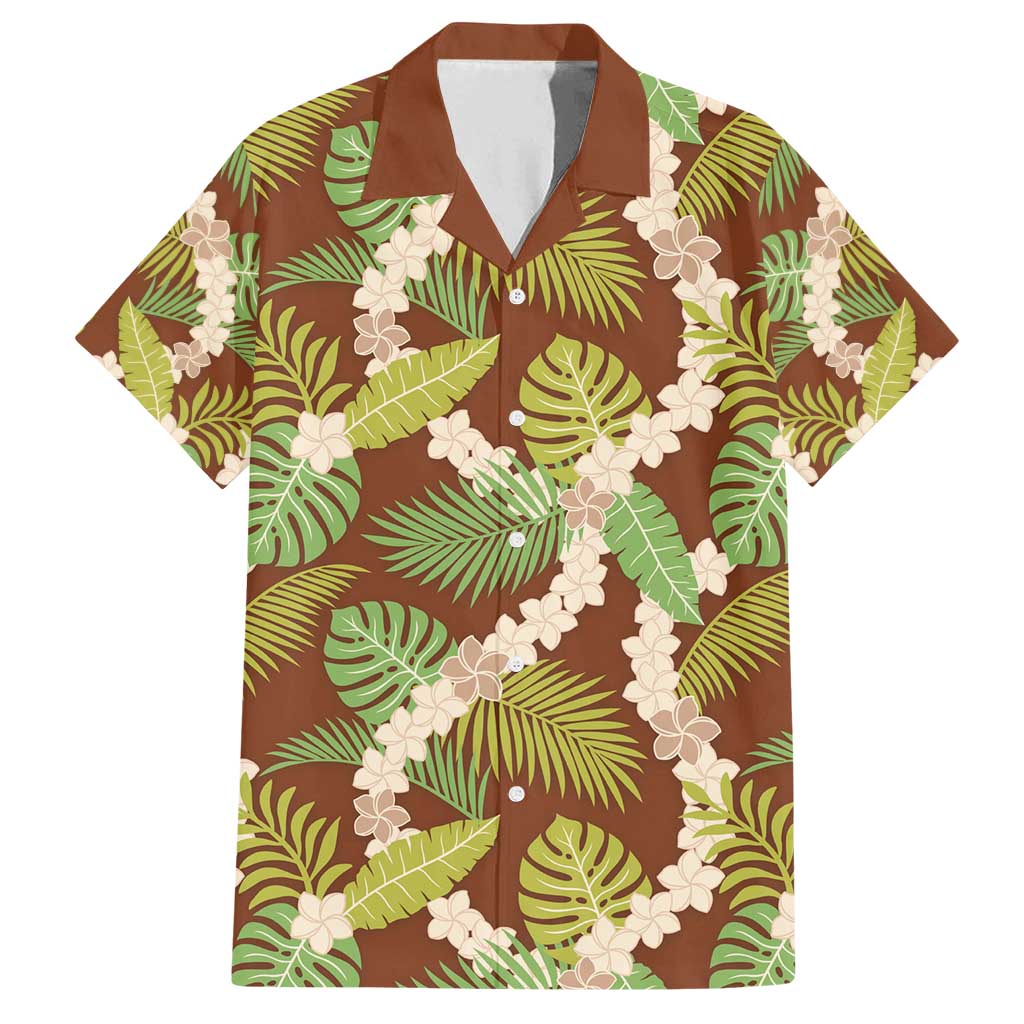 Brown Hawaii Plumeria Lei With Tropical Leaves Family Matching Off Shoulder Short Dress and Hawaiian Shirt LT14 Dad's Shirt - Short Sleeve Brown - Polynesian Pride