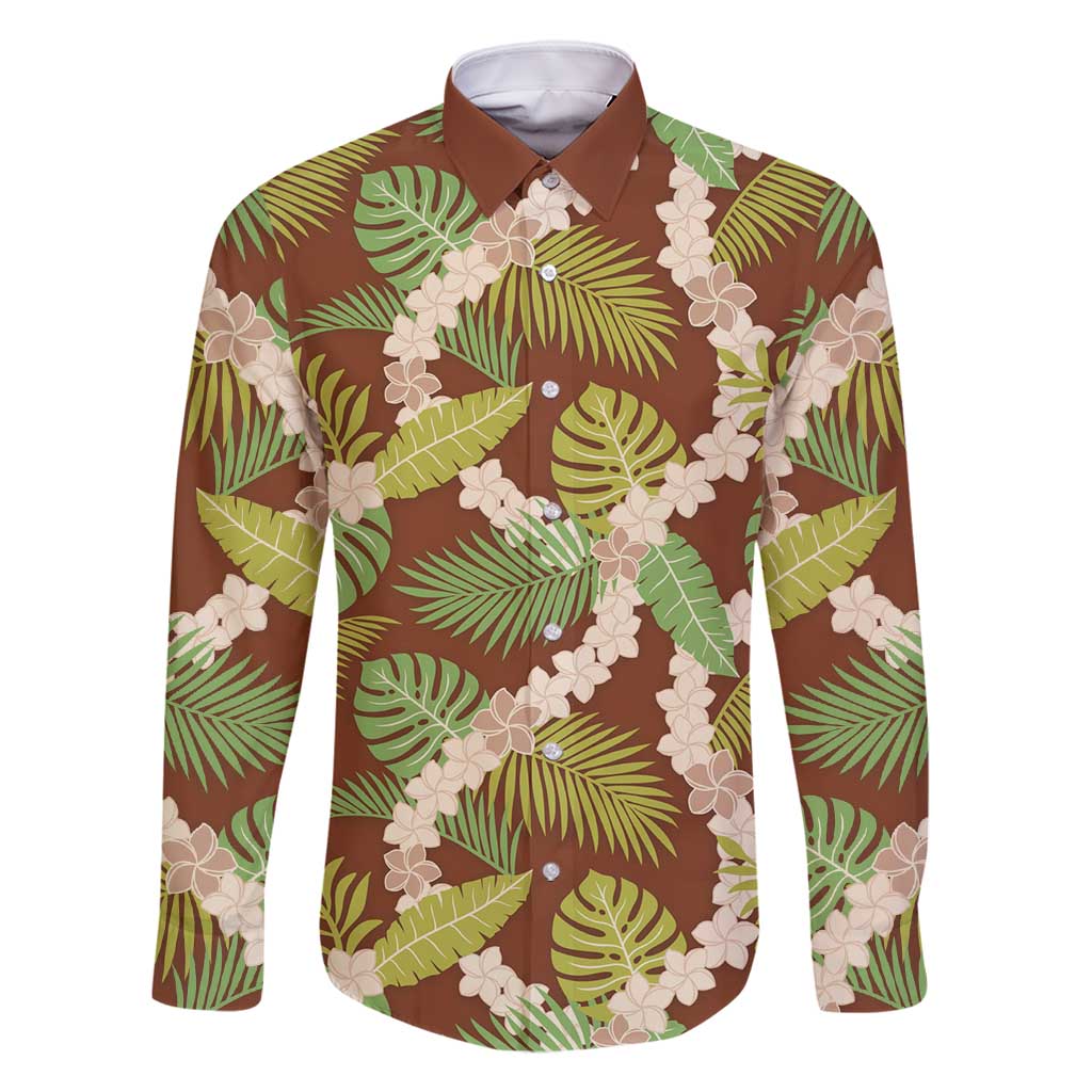 Brown Hawaii Plumeria Lei With Tropical Leaves Family Matching Off Shoulder Short Dress and Hawaiian Shirt LT14 Dad's Shirt - Long Sleeve Brown - Polynesian Pride