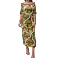 Brown Hawaii Plumeria Lei With Tropical Leaves Family Matching Puletasi and Hawaiian Shirt LT14 Mom's Dress Brown - Polynesian Pride