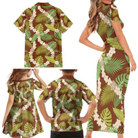 Brown Hawaii Plumeria Lei With Tropical Leaves Family Matching Short Sleeve Bodycon Dress and Hawaiian Shirt LT14 - Polynesian Pride