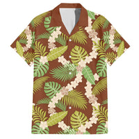 Brown Hawaii Plumeria Lei With Tropical Leaves Family Matching Short Sleeve Bodycon Dress and Hawaiian Shirt LT14 Dad's Shirt - Short Sleeve Brown - Polynesian Pride