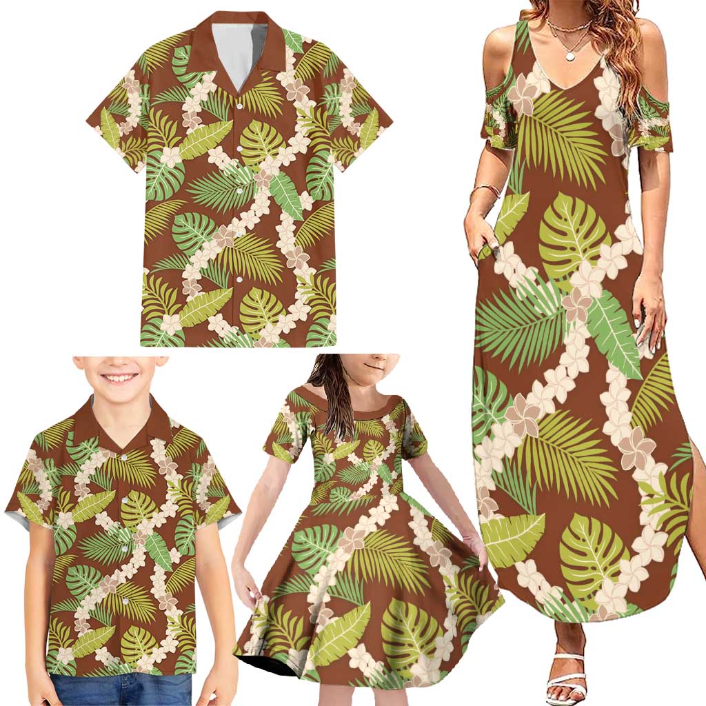 Brown Hawaii Plumeria Lei With Tropical Leaves Family Matching Summer Maxi Dress and Hawaiian Shirt LT14 - Polynesian Pride