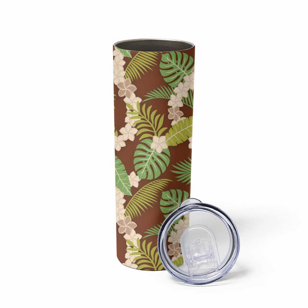 Brown Hawaii Plumeria Lei With Tropical Leaves Skinny Tumbler LT14 - Polynesian Pride