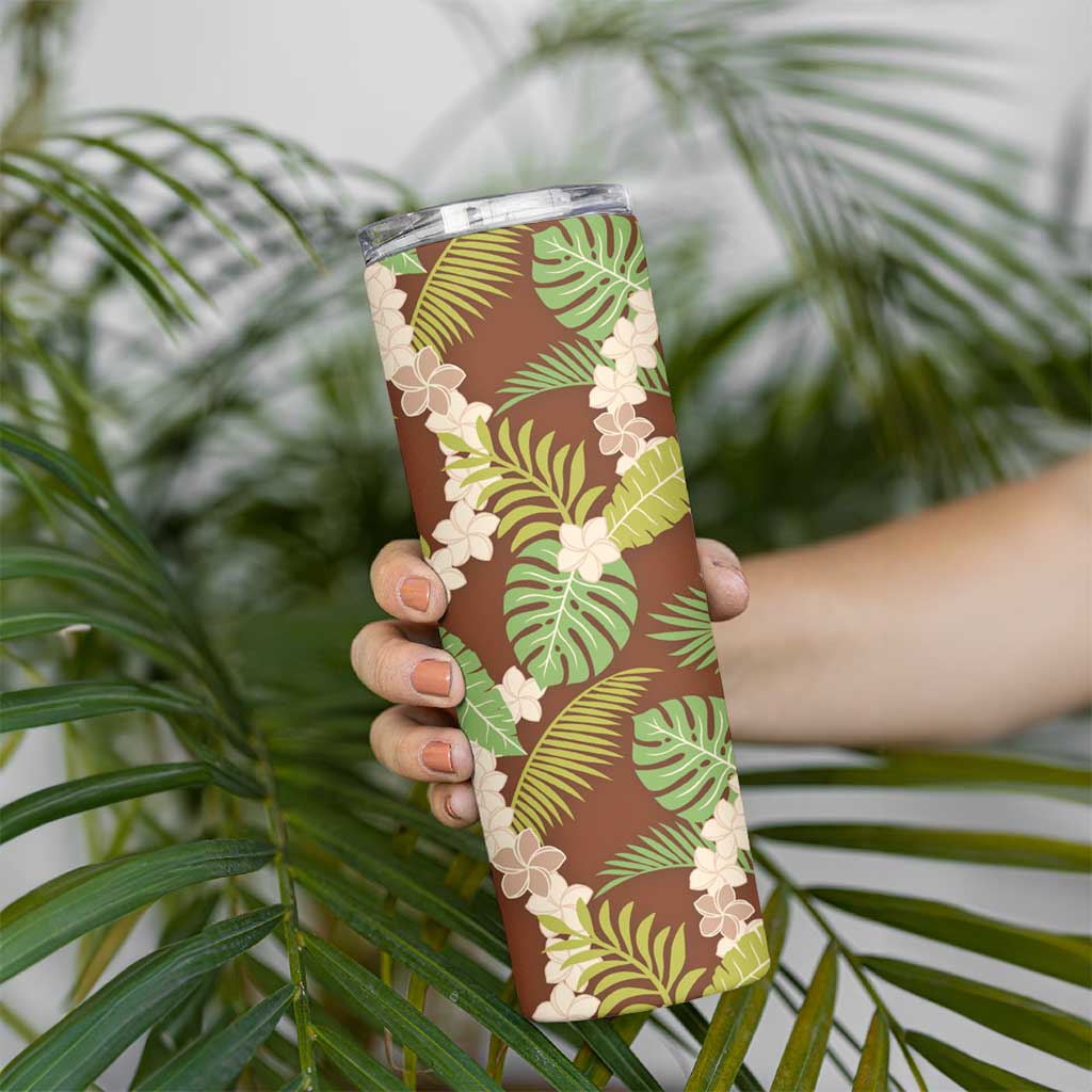 Brown Hawaii Plumeria Lei With Tropical Leaves Skinny Tumbler LT14 - Polynesian Pride