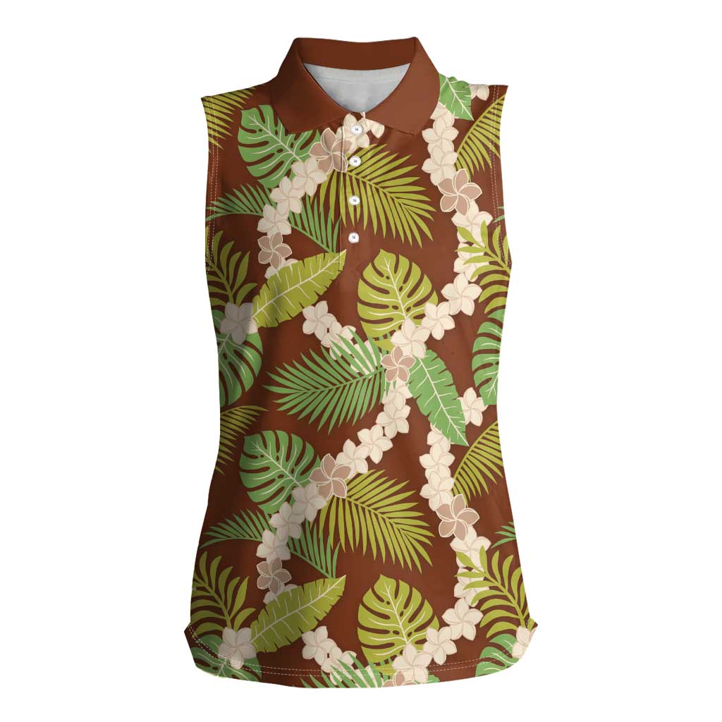 Brown Hawaii Plumeria Lei With Tropical Leaves Women Sleeveless Polo Shirt LT14 Female Brown - Polynesian Pride