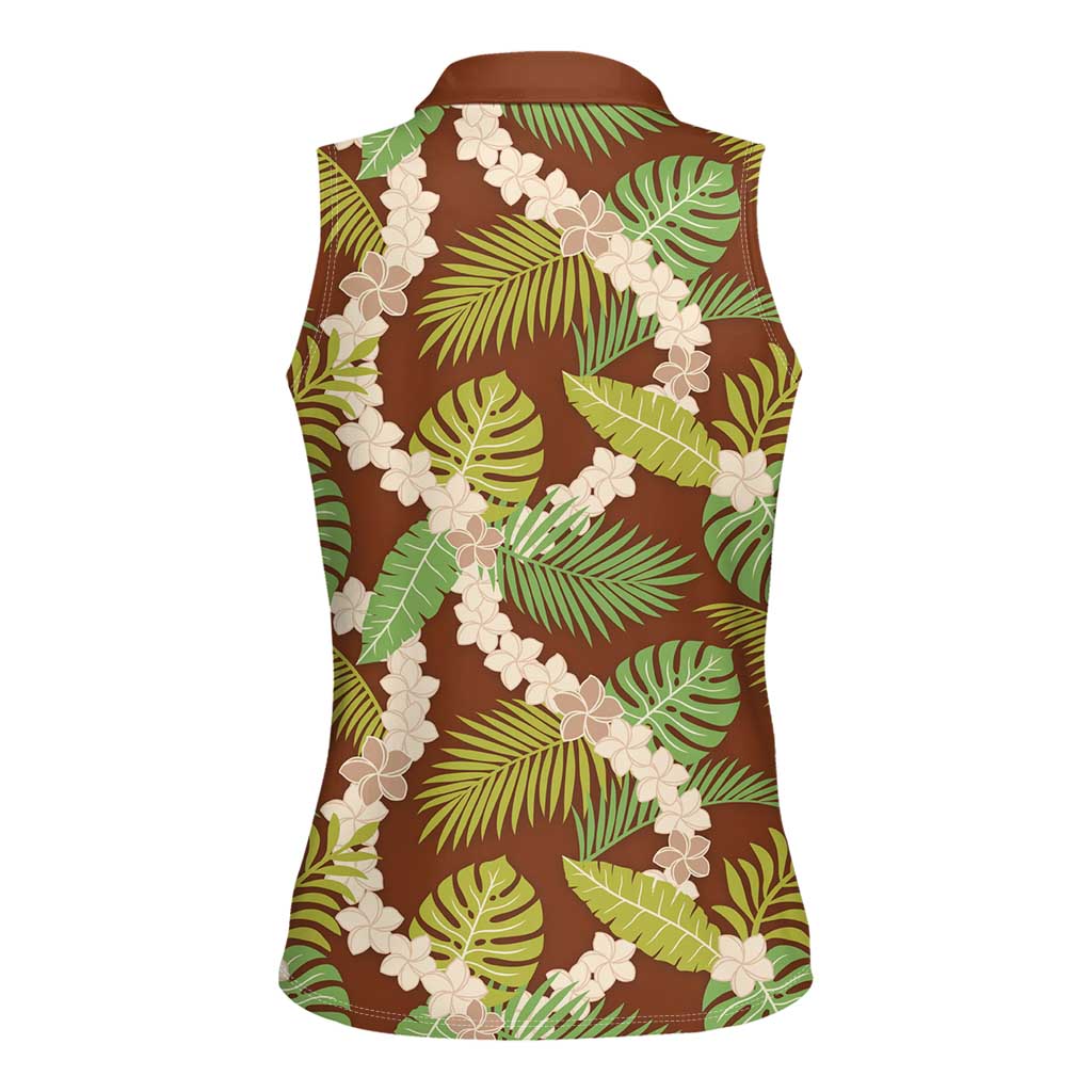 Brown Hawaii Plumeria Lei With Tropical Leaves Women Sleeveless Polo Shirt LT14 - Polynesian Pride