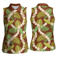 Brown Hawaii Plumeria Lei With Tropical Leaves Women Sleeveless Polo Shirt LT14 - Polynesian Pride