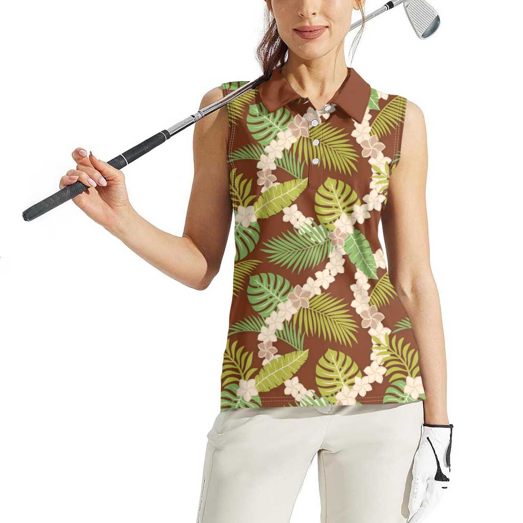 Brown Hawaii Plumeria Lei With Tropical Leaves Women Sleeveless Polo Shirt LT14 - Polynesian Pride