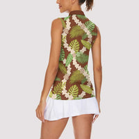 Brown Hawaii Plumeria Lei With Tropical Leaves Women Sleeveless Polo Shirt LT14 - Polynesian Pride