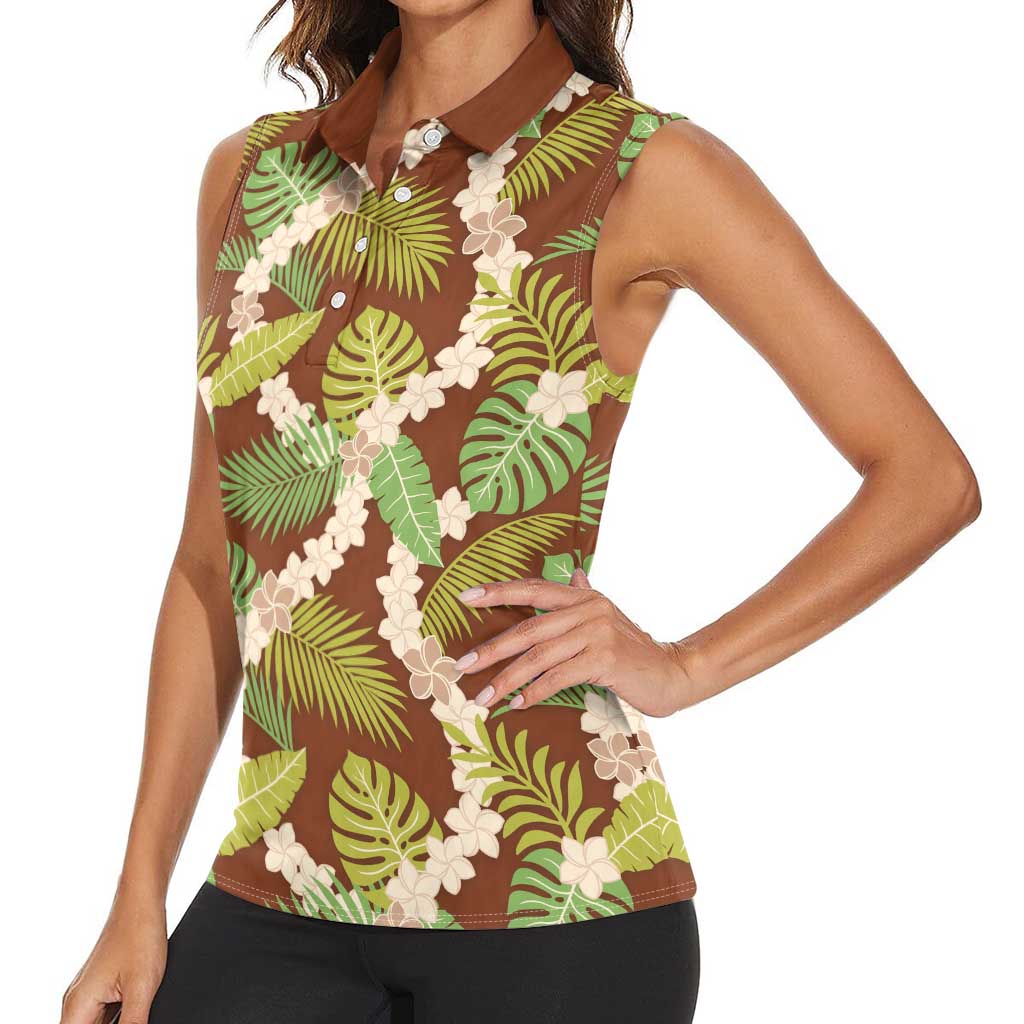 Brown Hawaii Plumeria Lei With Tropical Leaves Women Sleeveless Polo Shirt LT14 - Polynesian Pride