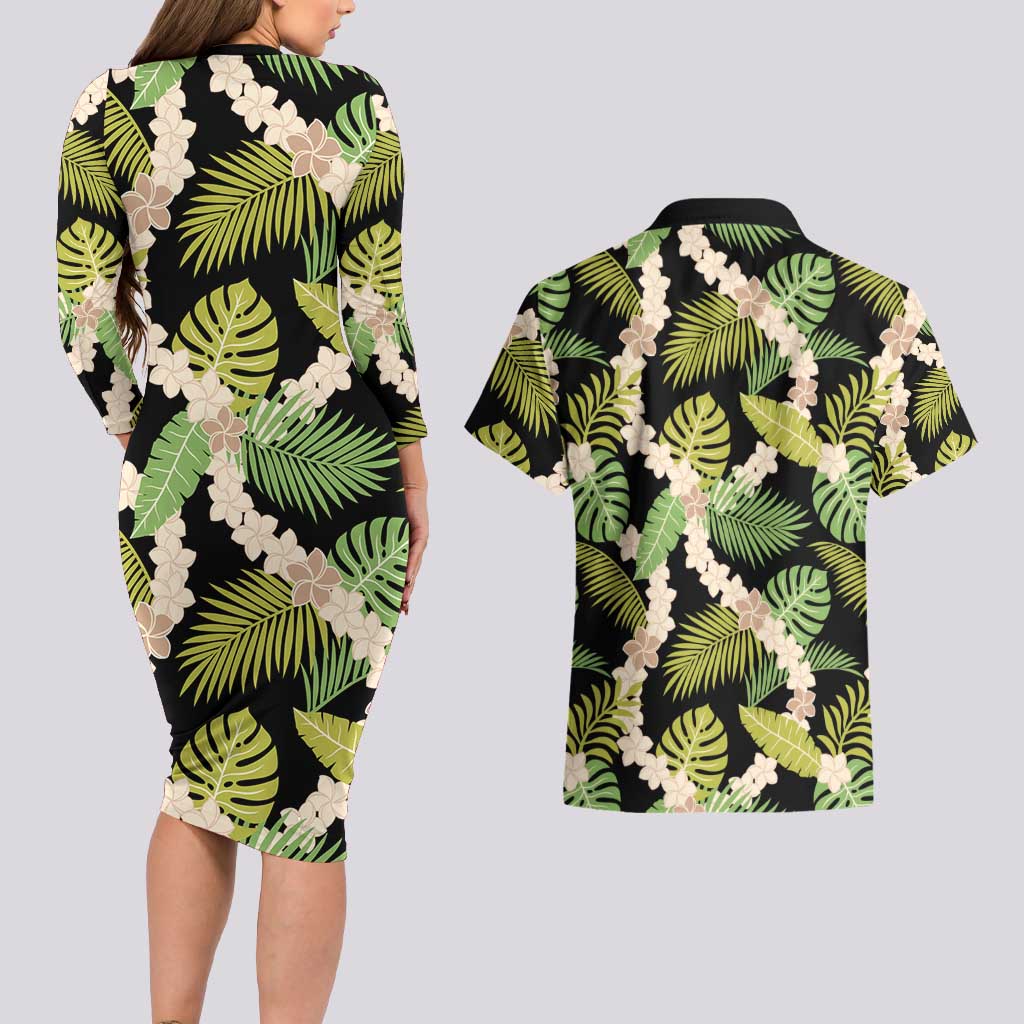 Black Hawaii Plumeria Lei With Tropical Leaves Couples Matching Long Sleeve Bodycon Dress and Hawaiian Shirt LT14 - Polynesian Pride